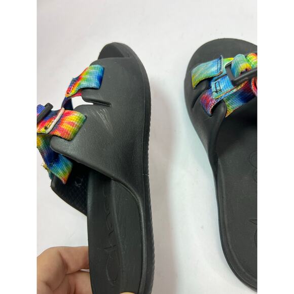 Chaco Kids Tie-Dye Slide Sandals, Black Sole, Adjustable Outdoor Summer Slip-Ons - Picture 7 of 10